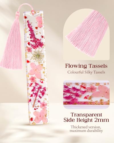 Buleens 4PCS Bookmarks for Women- Book Marks for Readers Book Lovers, Personalized Handmade Dried Flower Resin Bookmark with Tassels, Pretty and Aesthetic - color: 4 Pack Pink White Blue Green