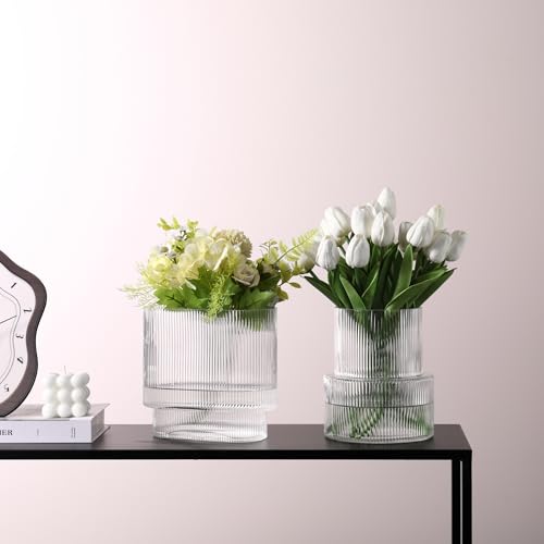 Ribbed Glass Vases, Set of 2 Fluted Vases for Flowers, Clear Vase for Tulips, Modern Glass Vase for Living Room, Dining Table, Office, Entryway, Mantle, Bookshelf, Wedding Gifts - color: Clear, size: Large+Oval