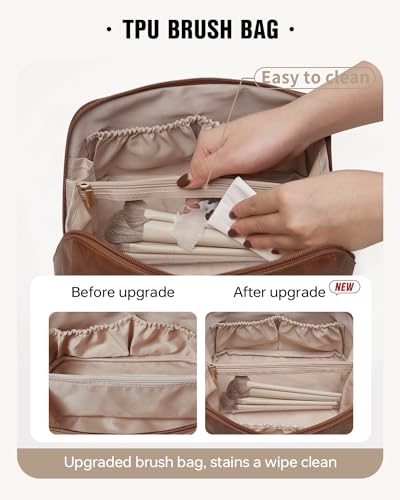 EACHY Travel Makeup Bag for Women, PU Leather Cosmetic Bag, Brown, Medium - color: C - Brown, size: Medium