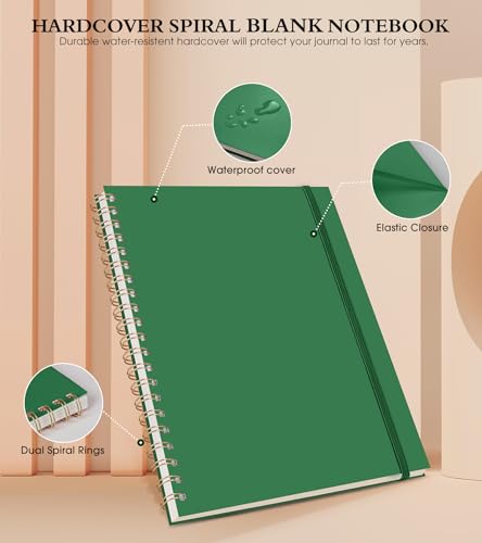 Blank Spiral Notebook Journal 8.5” x 11”, A4 Large Sketch Book for Women Men, 100 GSM Blank Paper Drawing Notebook, Plastic Hardcover Spiral Bound Sketchbook for Sketching Work School Writing, Green - color: Green, size: Plain