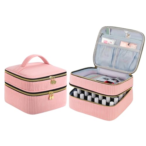 Nail Polish Organizer- Holds 30 Bottles, Nail Organizers and Storage Double-Layer Nail Bag Organizer Case Nail Polish Holder with Handle, Nail Kit Organizer for Manicures Tools (Pink) - color: Pink
