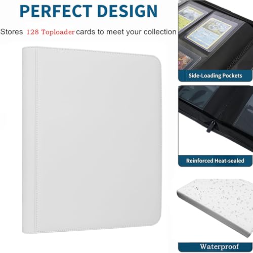 Toploader Binder,4-Pocket Double Sided Top Loaders Binder,Holds 128 Cards in 3"x4" Toploaders,PU Leather Card Binder Abulm for Toploader Trading,Sports,and Gaming Cards (White) - color: White
