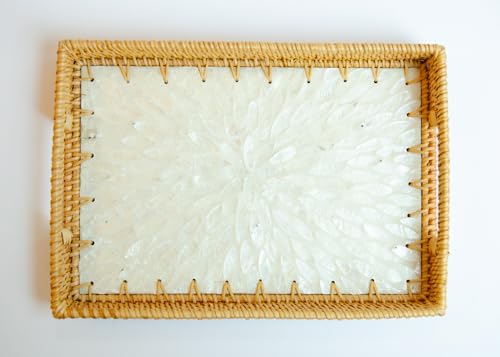 Magenta & Teal Decorative Rectangle Rattan Serving Tray 13x9 inch Mother of Pearl Inlay, Wicker Coffee Table Decor, Farmhouse (Silver White) - color: Silver White