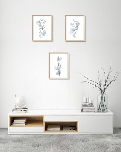 HesenDot Blue Floral Framed Wall Art, Minimalist Botanical Canvas Prints - color: Framed Blue Floral, size: 16"L x 12"W