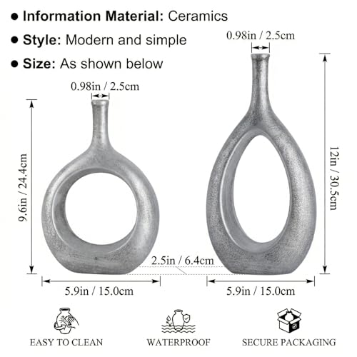 Silver Ceramic Hollow Elliptical Vase Set of 2 - Boho Circle Vase with Hole, for Modern Silver Table Decor, Living Room Decor Shelf mid Century Modern Home Entrance Decorative vase - color: Silver