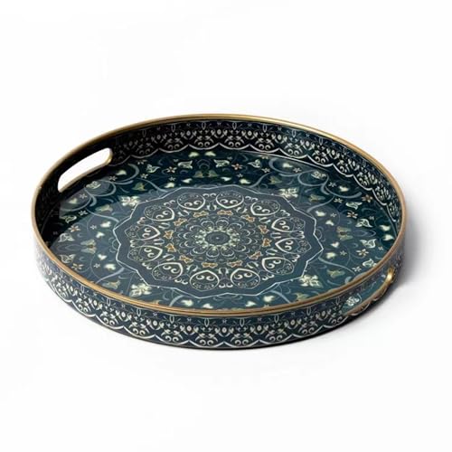 Round Serving Tray with Handles,Plastic Coffee Table Tray Ottoman Tray - color: Round Tray-dark Blue