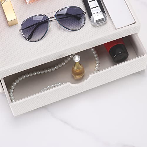 Leather Desk Organizer With Drawers, Home Cosmetics & Phone Remote Organizer, Drawer Plus Divider & Tray (white) - color: white