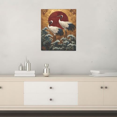 Japanese Crane Wall Art Gold Oriental Asian Wall Decor Sandhill Crane Canvas Pictures Paintings Prints Japan Traditional Aesthetic Artwork Framed Chinese Decorations For Bedroom Living Room Office Gifts 20" x 24" - color: Gold Crane, size: 24"L x 20"W