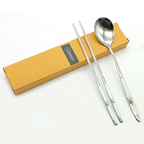 GARASANI Korean Traditional Cutlery Stainless Steel Spoons and Chopsticks Set (Silver Turtle) - color: Silver Turtle