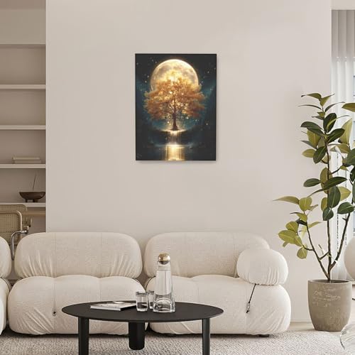 Golden Tree Wall Art Fantasy Tree with Moon and Waterfall Canvas Wall Decor Pictures Paintings Prints Mystical Nature Artwork Framed De corations For Meditation Space Bathroom Bedroom Living Room Office Gifts 12" x 16" - color: Golden Tree, size: 16"L x 1
