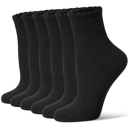 CS CELERSPORT Women's Mini Crew Ankle Socks with Scalloped Top,Pack of 6 - color: Black, size: Medium