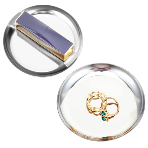 2 Pcs Silver Tray, 4 Inch Stainless Steel Round Serving Tray Circle Jewelry Trays Decorative Coffee Table Trays Display Serving Platter Candle Plate for Bathroom, Candle, Perfume, Countertop - color: Silver
