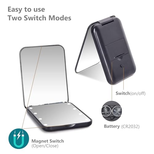 Kintion Pocket Mirror, 1X/3X Magnification LED Compact Mirror (Black) - color: Black