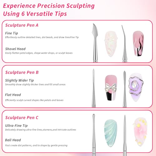 3Pcs Sculpting Nail Tools for Nail Art, Dual-Head 3D Gel Advanced Nails Art Sculpture Pen, Nails Dotting Tool Fingernail Polish Design for Salon Home DIY