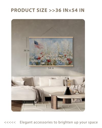 VIYYIEA Extra Large Patriotic July 4th Landscape Canvas Wall Art, 36x54in - color: Patriotic Floral Scroll
