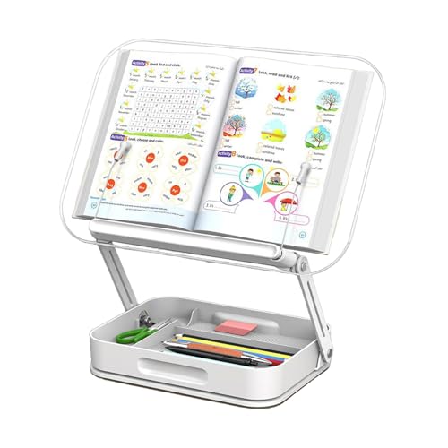 Bisofice Desktop Book Stand for Reading with Rotate Base Acylic Panel Page Clips Storage Compartments Foldable and Angle Adjustable for Laptop Holder Book Magazine Document Tablet (White)