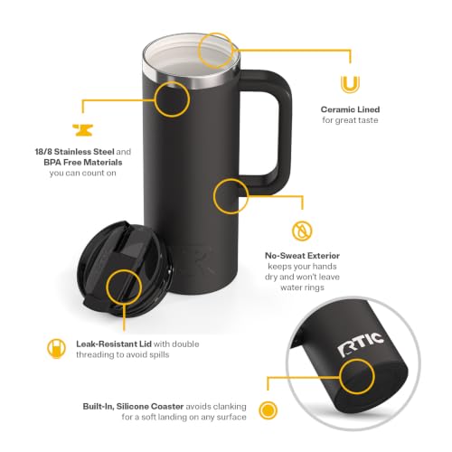 RTIC 20oz Road Trip Travel Mug with Lid and Handle, Ceramic Lined, Black - color: Black, size: 20 Ounces