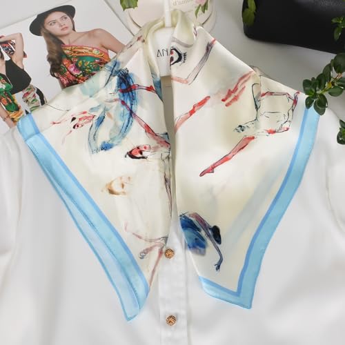 Women 100% Mulberry Silk Neck Scarf 21" Square Floral Neckerchief - color: Beige White