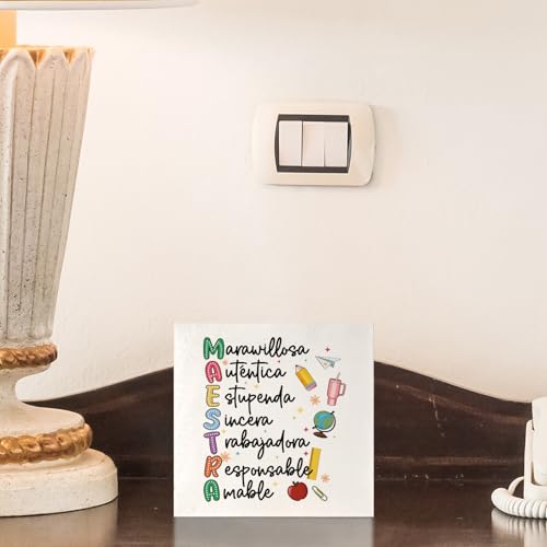 Spanish Teacher Maestra Appreciation Gifts Decor, Regalos Para Maestras Mujeres, Back to School Gifts for Teachers, Spanish Educator Wood Signs for Home Room Desk Table Shelf, 5x5 Inch - color: Teacher-Maestras