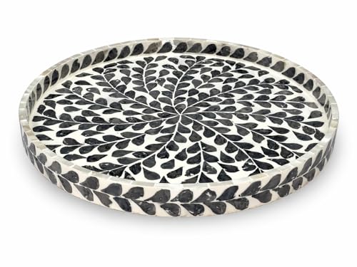 Lazy Susan Turntable 12.5 Inch, Round Wooden Spinning Tray with Black Leaf Mother of Pearl Inlay, Rotating Organizer for Kitchen (Black Leaf Lazy Susan) - color: Black Leaf Lazy Susan