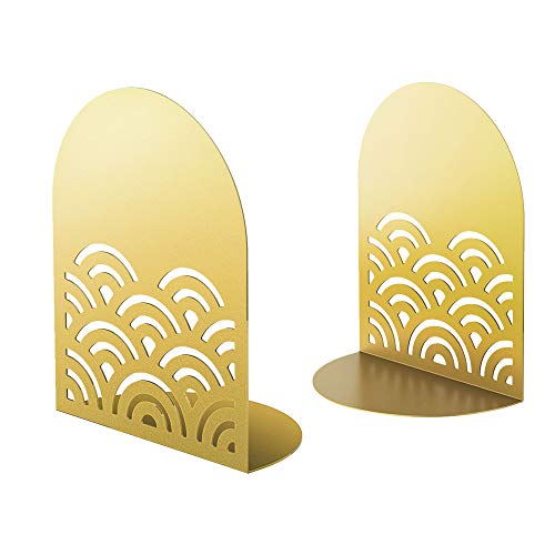 QiMing Ukiyoe Auspicious Clouds Bookends for Books,1 Pair Metal Wavy Pattern Book Holders for Office Shelves Adults Gift(Gold) - color: Gold