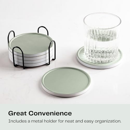 Set of 6 Sage Green Coasters with Holder, Absorbent Ceramic Drink Coasters with Cork Backing for Table Protection, Table Decor, Housewarming Gifts - color: Sage Green