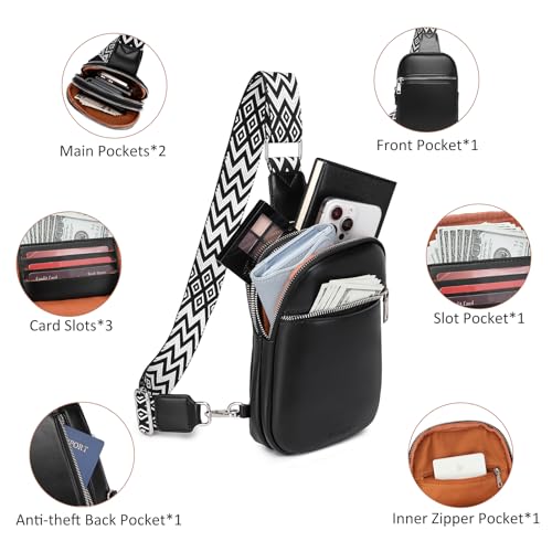 DIOMO Anti Theft Small Sling Bag for Women Cross Body Bag Trendy, RFID Fanny Packs Vegan Leather for Women Travel Belt Purse - color: 1-Black Silver Zipper