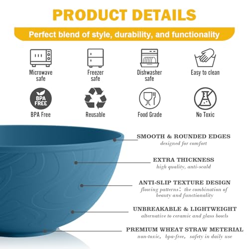Wheat Straw Bowls 40OZ Set of 6,Unbreakable Plastic Bowls Set,Blue - color: Blue, size: 40 OZ