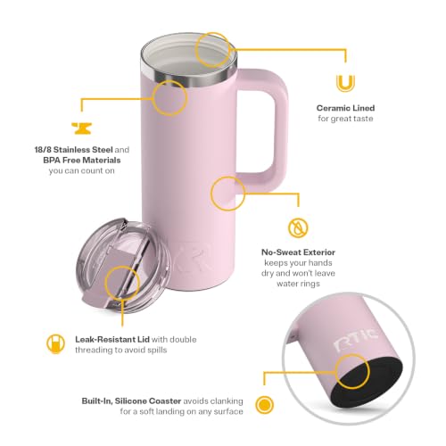 RTIC 20oz Road Trip Travel Mug with Lid and Handle, Ceramic Lined, Pale Pink - color: Pale Pink, size: 20 Ounces
