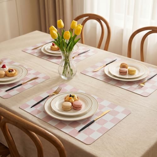Set of 6 Checkerboard Non-Slip Washable Placemats for Dining Table - color: Pink
