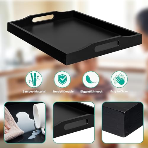 RRX Bamboo Food Serving Tray with Handles,Breakfast Bed Tray (Black) - color: Black