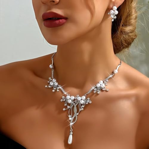 Pearl Bride Wedding Jewelry Set Faux Pearls Crystal Rhinestone Necklace Earrings Bracelet Sets for Women Bridesmaid(3 PCS) - color: Silver - Pearl A