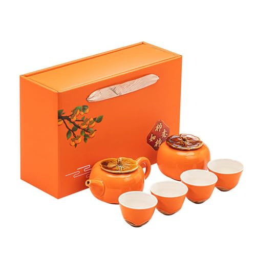 Portable Gongfu Ceramic Tea Set - Beautiful Persimmon-Shaped Chinese Tea Set with Teapot, Tea Can & 4 Cups, Gift Boxed