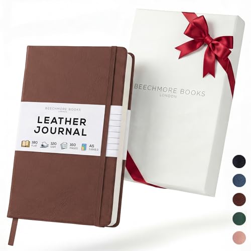 BEECHMORE BOOKS A5 5x8 Lined Leather Journal For Men, 120 GSM with Gift Box - color: Chestnut Brown, size: A5 - 5.8" x 8.3" Medium