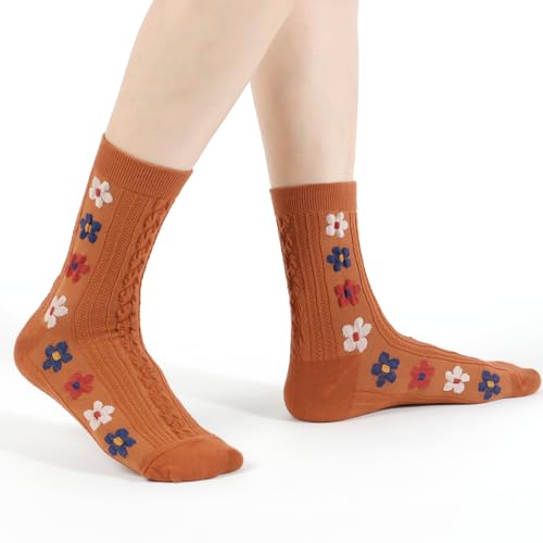 Womens Cotton Crew & Ankle Socks, Cute Floral Ruffle Colorful Tube Size 6-9 - color: Flower Print C