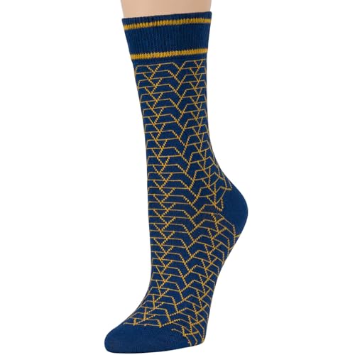 7BIGSTARS Women Cotton Crew Socks, Patterned 4 Pack, M 5-9 - L 8-12 - color: 05 - Estate Blue, Black, Yellow (A52), size: 8-12