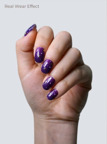 Real Gel Nail Strips (No UV Light Needed) - 44Pcs Salon Quality Nail Stickers - Long Lasting Polish Wraps for Women, Easy Apply & Remove (Deep Purple Star Dust) - color: Deep Purple Star Dust