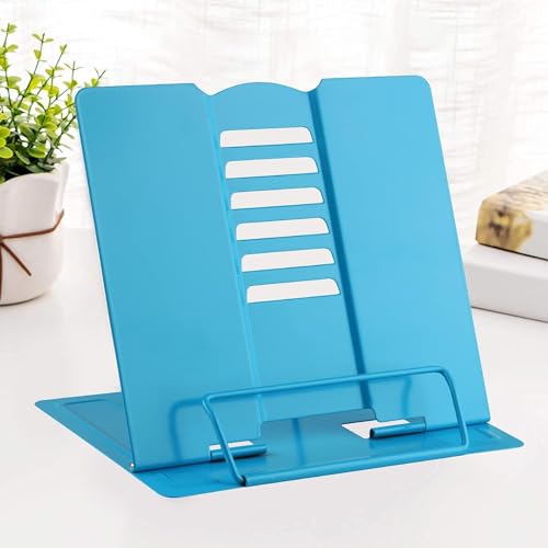MSDADA Book Stand Metal Reading Rest Book Holder Adjustable Cookbook Documents Holder Portable Sturdy Bookstands for Recipes Textbooks Tablet Music Books with Page Clips (Sky Blue) - color: Sky Blue