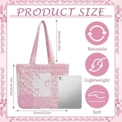 Aliceset Quilted Patchwork Tote Bag for Women Cotton Shoulder Bag Back to School Gift Farmhome Rustic Handbag Commuting Beach - style: Pink Bow