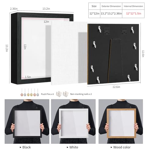 12x12 Shadow Box Picture Frame with Real Glass Panel and Linen Back - color: Black + Thickened Panel + Foam Packaging, size: 12x12