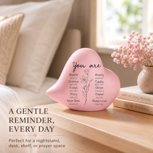 Pink Ceramic Heart Figurine, Christian Gift for Women, 4 Inch - style: Christian