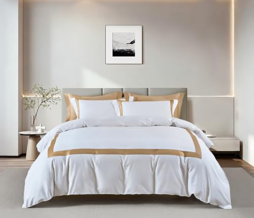 Duvet Cover Set 3 pcs(1 Duvet Cover+2 Pillowcases) 100% Cotton Sateen Woven Hidden Zipper Closure Breathable Soft(Palermo(Beige), Queen) - color: Palermo(beige), size: Queen