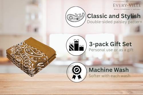 Every-ville Cotton Bandana Handkerchief for Men & Women, 3 Pack - color: Brown