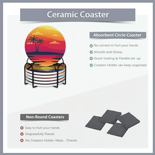 Drink Coasters Set of 6 with Holder,Beach Palm Trees Sunset Landscape Absorbent Ceramic Coasters with Cork Base,Fit All Cups,Tabletop Protection Mat for Mugs and Cups,Office,Kitchen - color: Beach Palm Trees Sunset Landscape