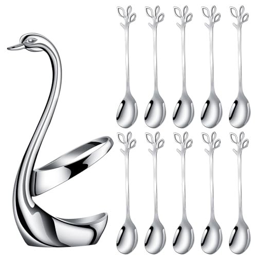 AnSaw Silver Swan Base With 10-Pcs Mini Leaf Coffee Spoon Holder Set-4.7" - color: Silver Swan