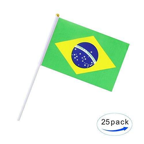 Kind Girl 25 Pack Brazil Flag Brazilian Stick Flag Round Top National Country Flags, Party Decorations Supplies for Parades, World Cup, Festival Events, International Festival - color: Brazil
