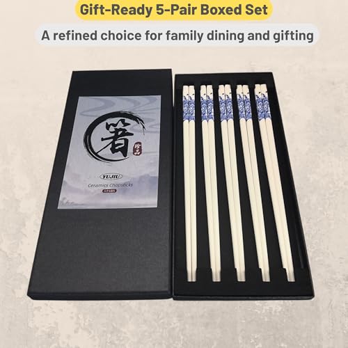 Porcelain Chopsticks Set of 5 Pairs, Reusable Bone Ceramic Chopsticks, Dishwasher Safe, Non-Slip Design, Elegant Gift Box for Family or Restaurant Use (peony) - color: peony
