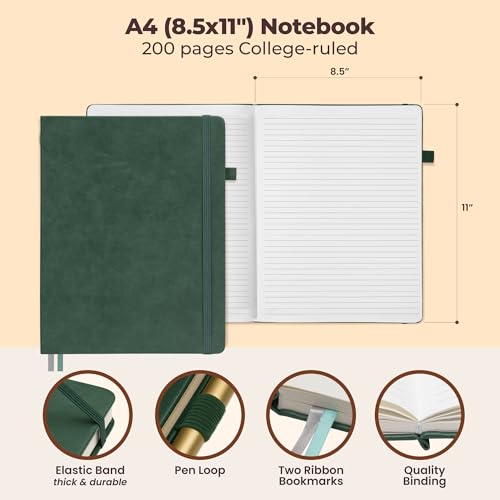 Classic Lined Journal Notebook 8.5x11" A4 Hardcover Leather - Green Journal - color: Green, size: A4 200 Pages