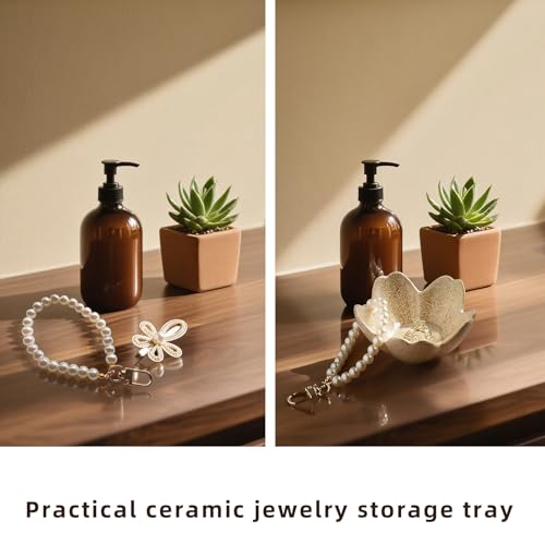 Floral Vanity Tray, Ceramic Jewelry Dish for Rings - color: camel