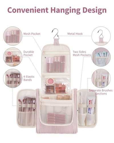 Narwey Large Hanging Travel Toiletry Bag for Women, Makeup Cosmetic Bag - color: CA-Dusty Rose Stripe, size: Large
